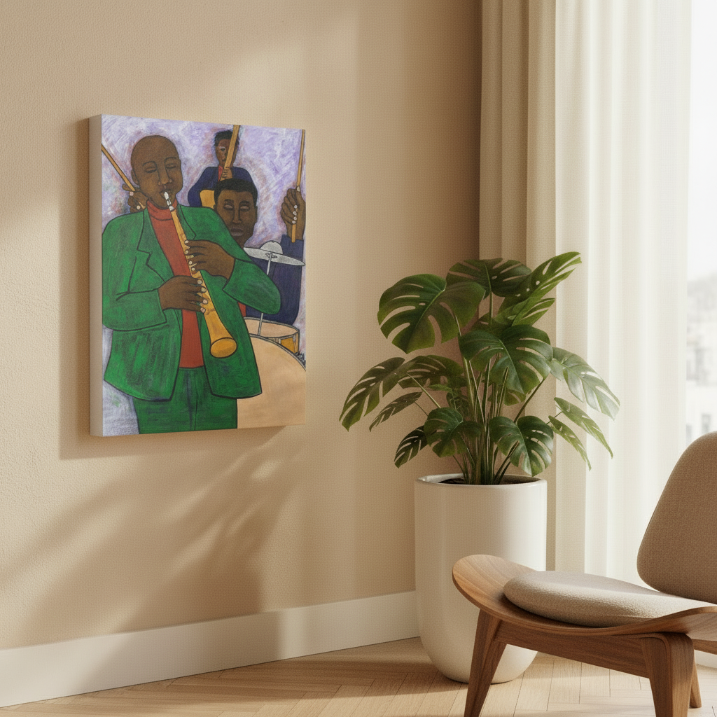 Three Musicians canvas print in room with herringbone parquet floor — Black jazz musicians art