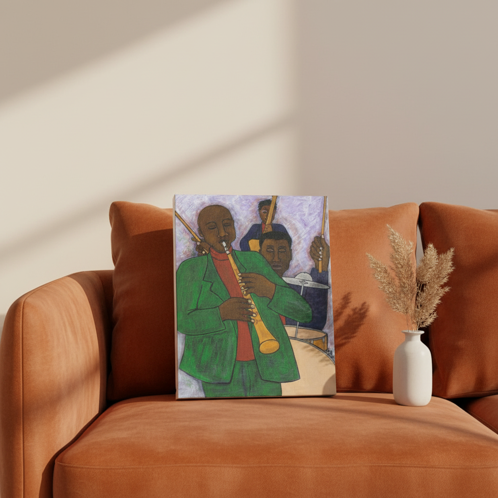 Three Musicians canvas print leaning against rust sofa — African American jazz trio canvas art