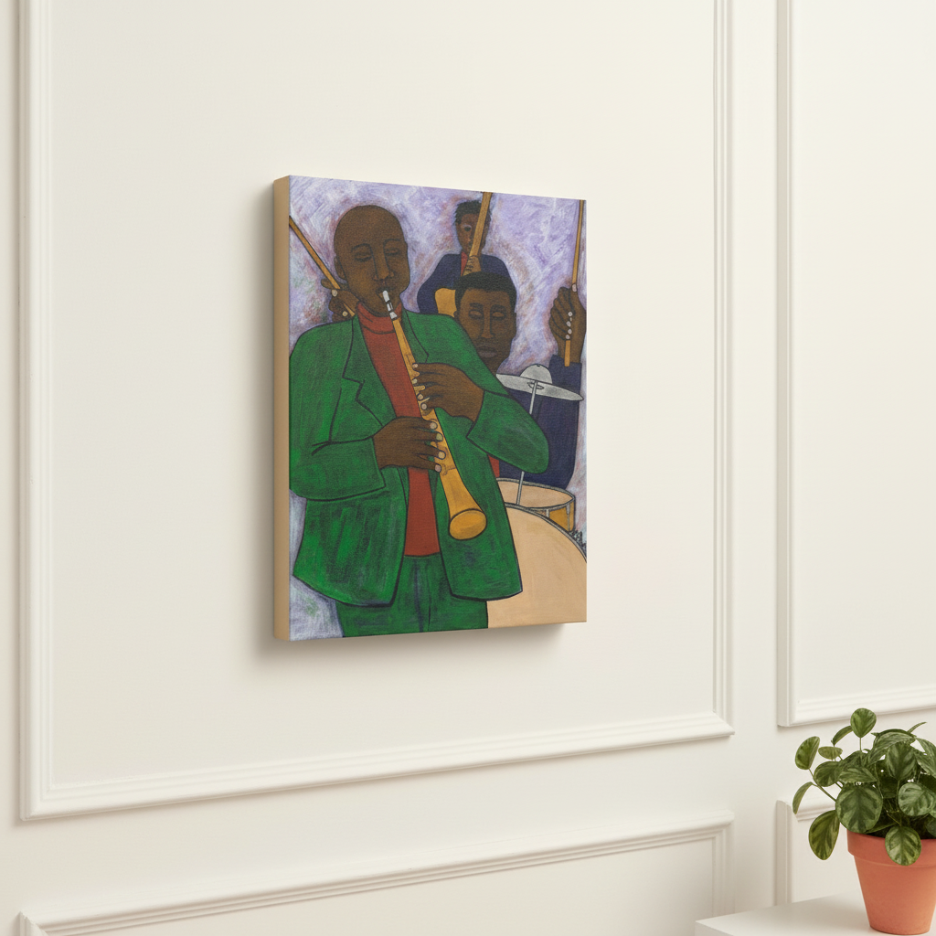 Three Musicians canvas print hung on wainscoting wall with plant — Black jazz musicians wall art
