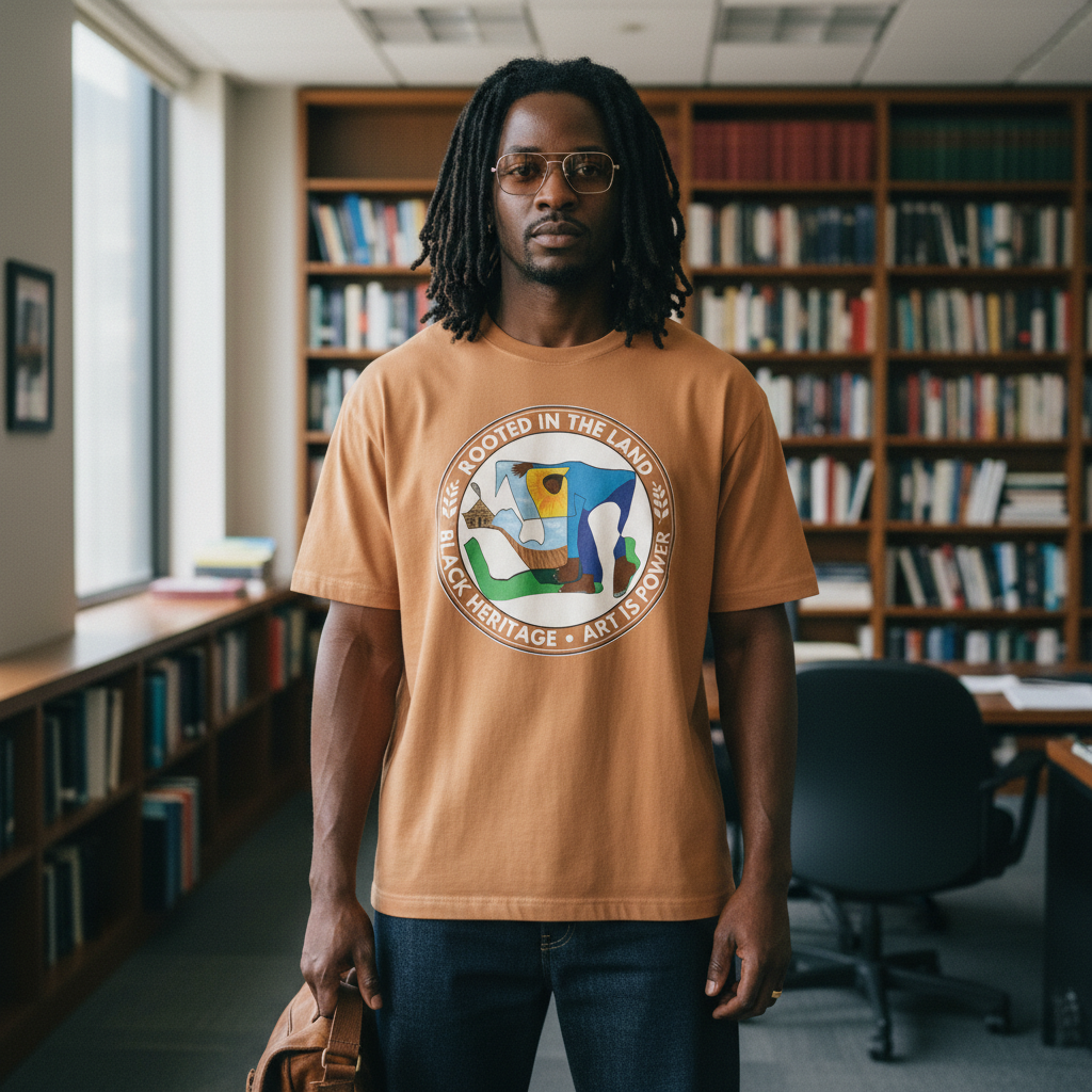 Faculty portrait in office wearing Rooted in the Land toast tee — Art Is Power Vol. I | Inkwell Fine Art Prints