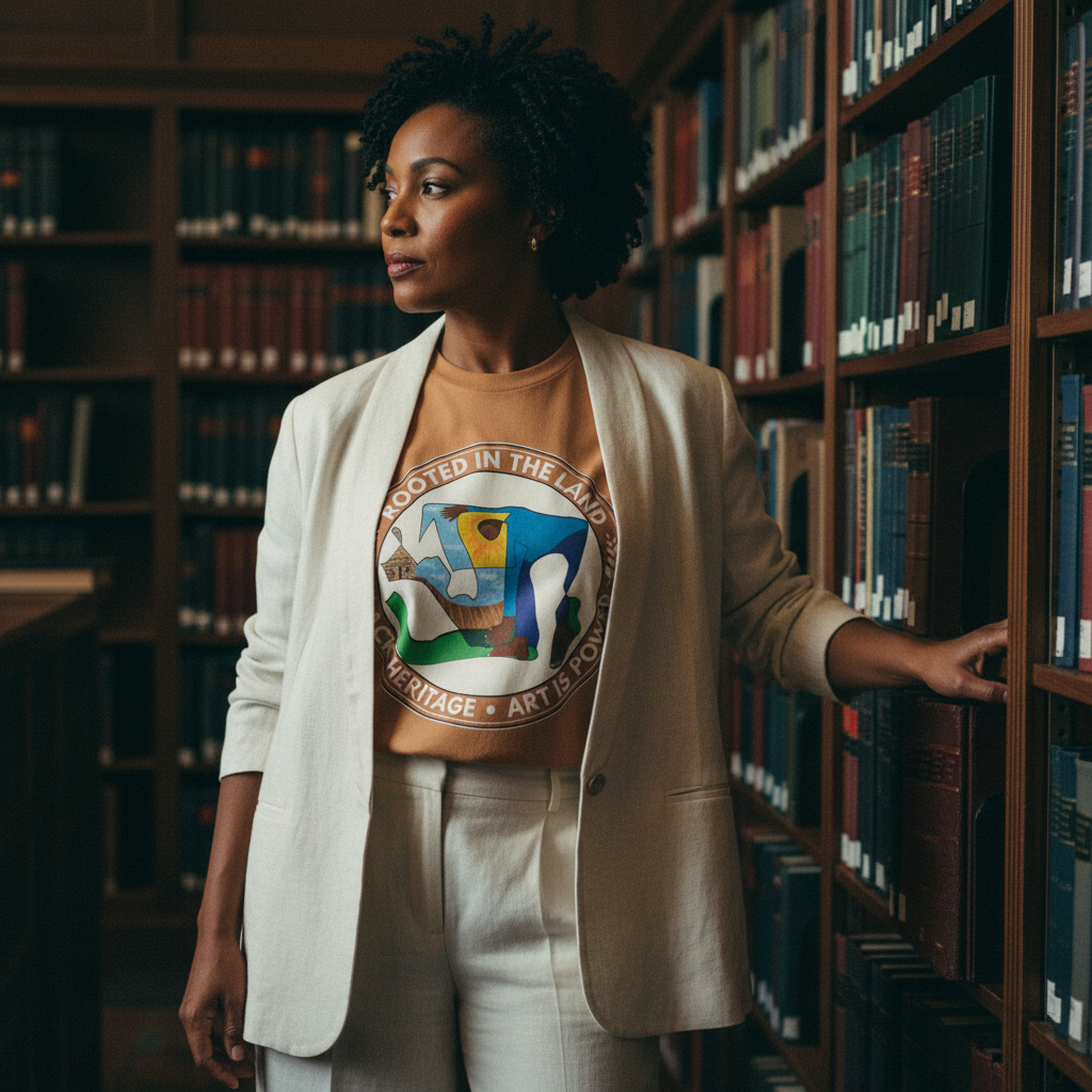 Faculty woman in blazer wearing Rooted in the Land toast tee — Art Is Power Vol. I | Inkwell Fine Art Prints