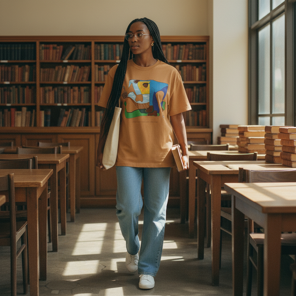 Person with box braids in cafe wearing The Sharecropper toast tee — Art Is Power Vol. I | Inkwell Fine Art Prints