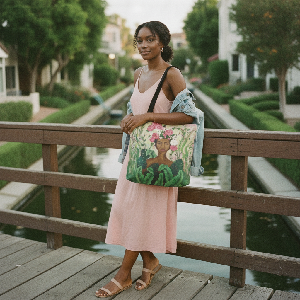 Woman carrying the Mother Nature Art Tote Bag along an outdoor canal-side walkway