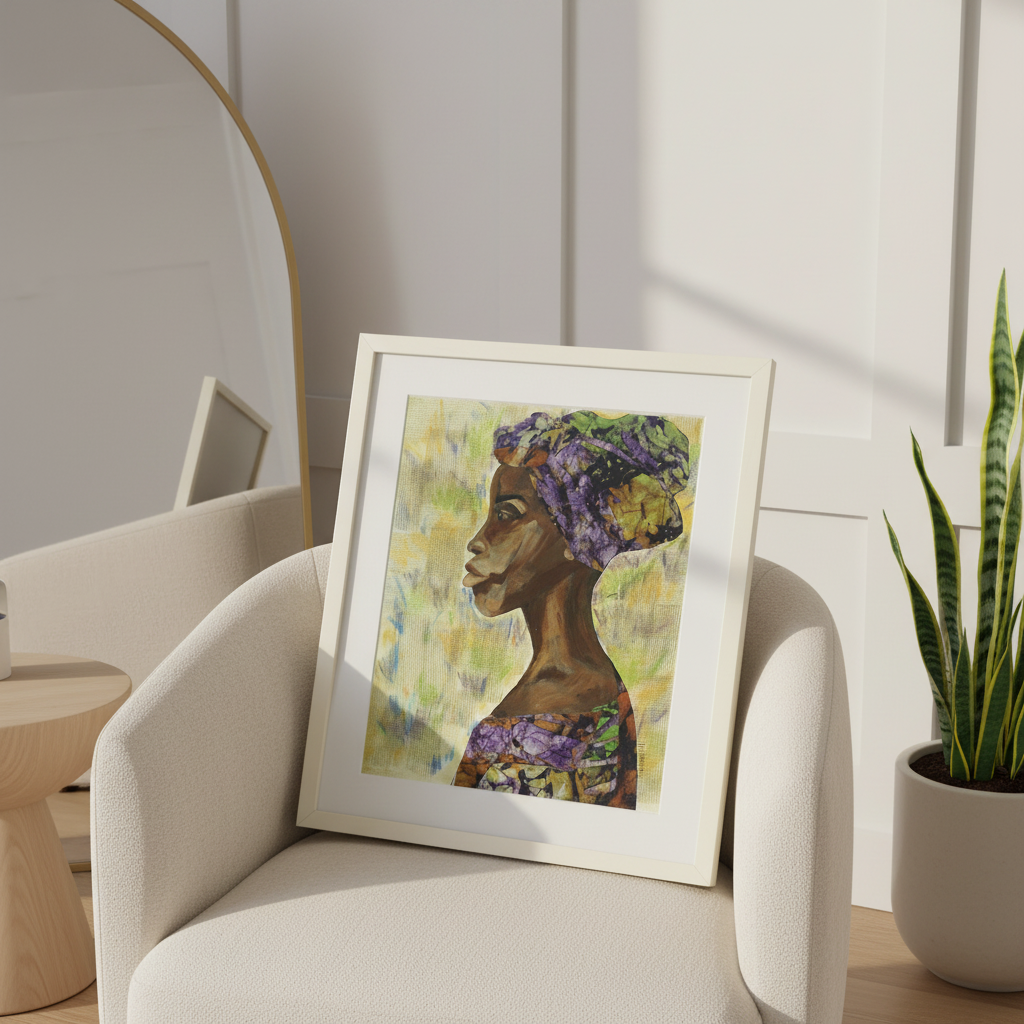 Nyanda African woman art print in white frame leaning against chair
