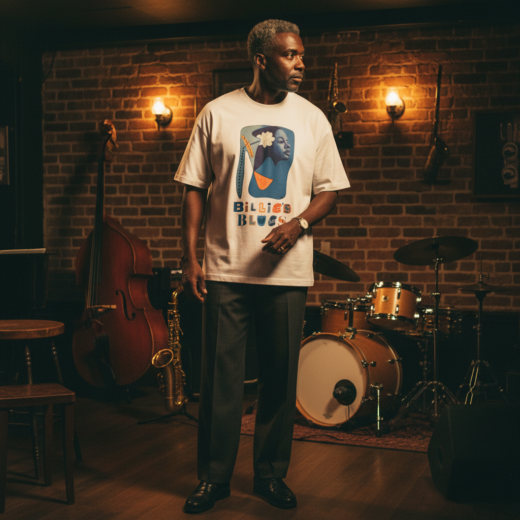 Man wearing Billie's Blues white tee in jazz lounge setting — Art Is Power Vol. I | Inkwell Fine Art Prints