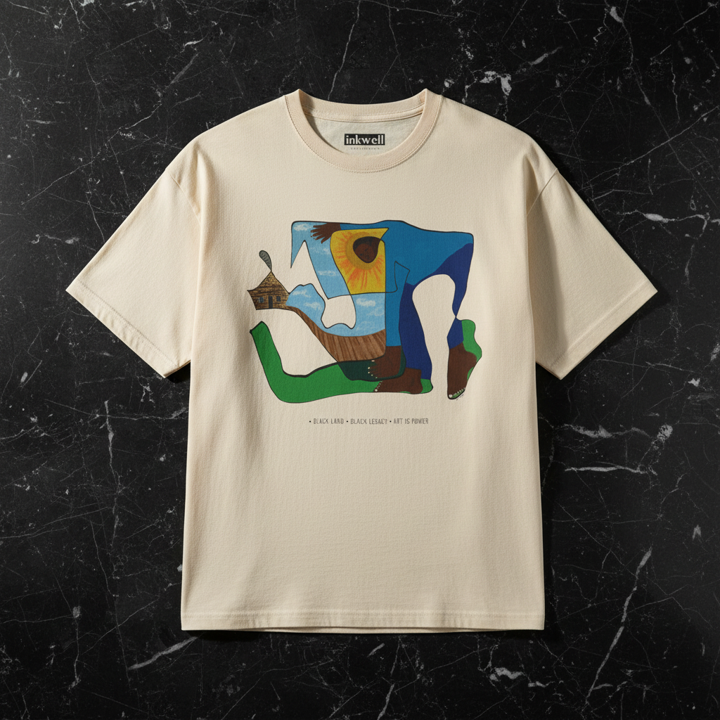 The Sharecropper natural tee front flatlay on black marble — Art Is Power Vol. I | Inkwell Fine Art Prints