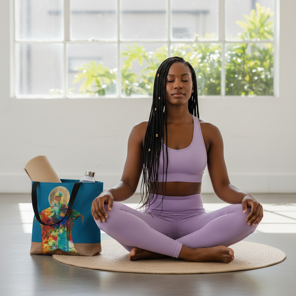Mother Earth teal tote bag in yoga studio setting — spiritual Black art for wellness lifestyle