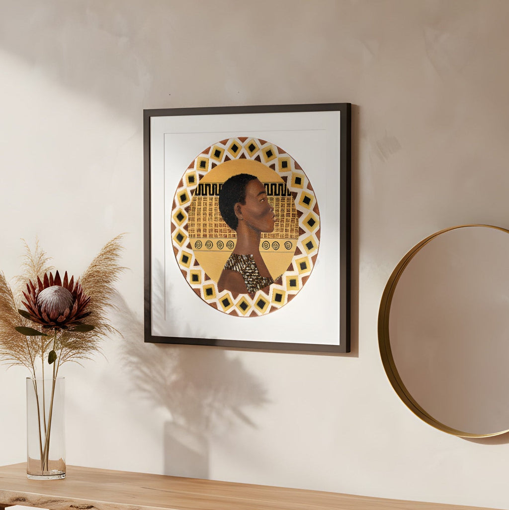 Wooden bench with decorative items against a light wall with a framed african warrior artwork and round mirror.