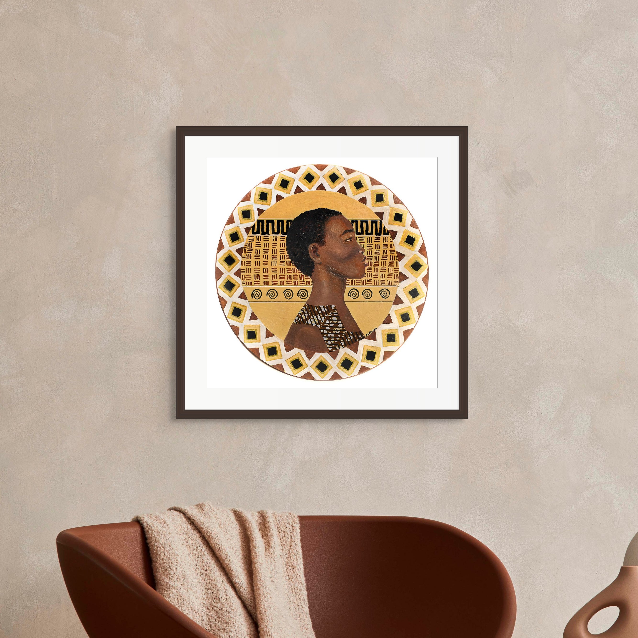 A Dahomey Warrior framed giclee print shown above African-inspired furniture — African heritage wall art