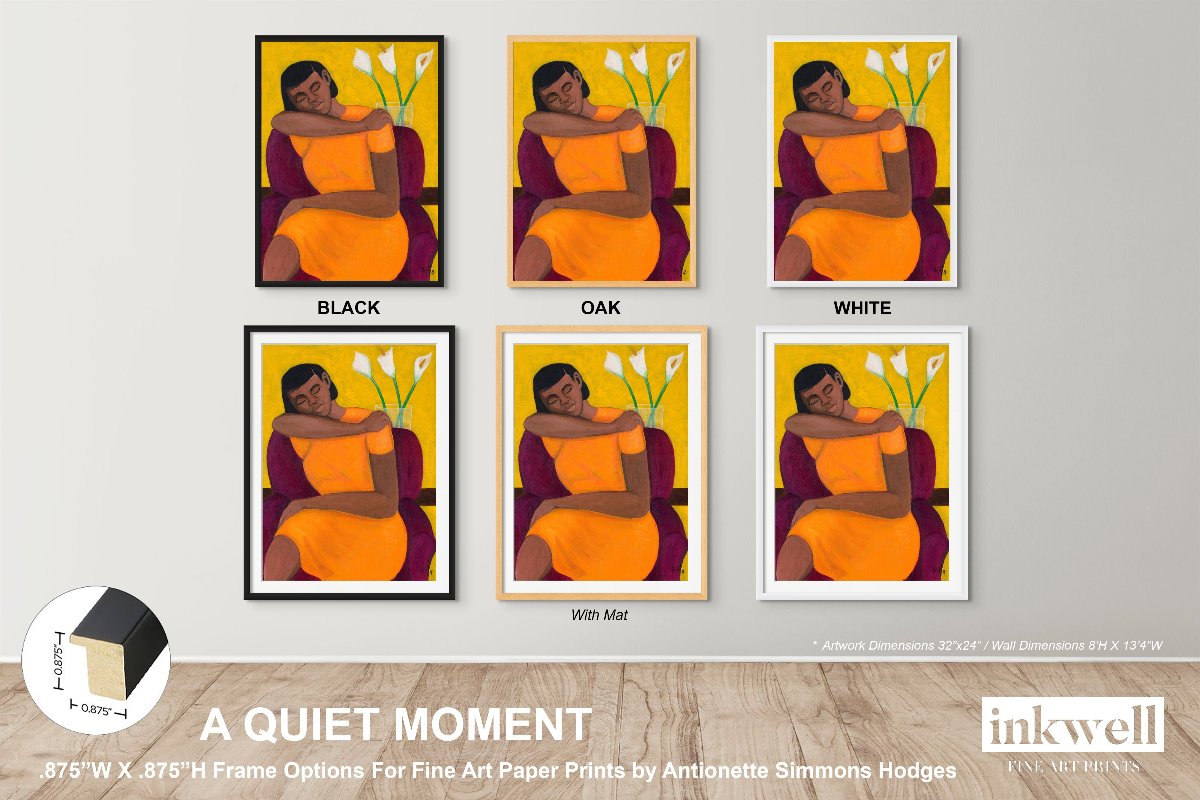 rendering showing examples of .875 x.875 black, oak, white frame options with and without matting. African American art