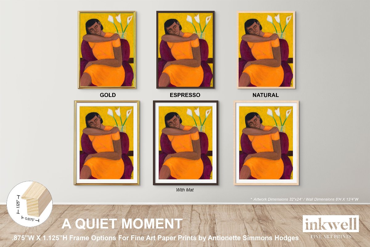 rendering showing prints of 'A Quiet Moment' examples of .875 x 1.125  in  gold, espresso, natural frame options with and without matting.