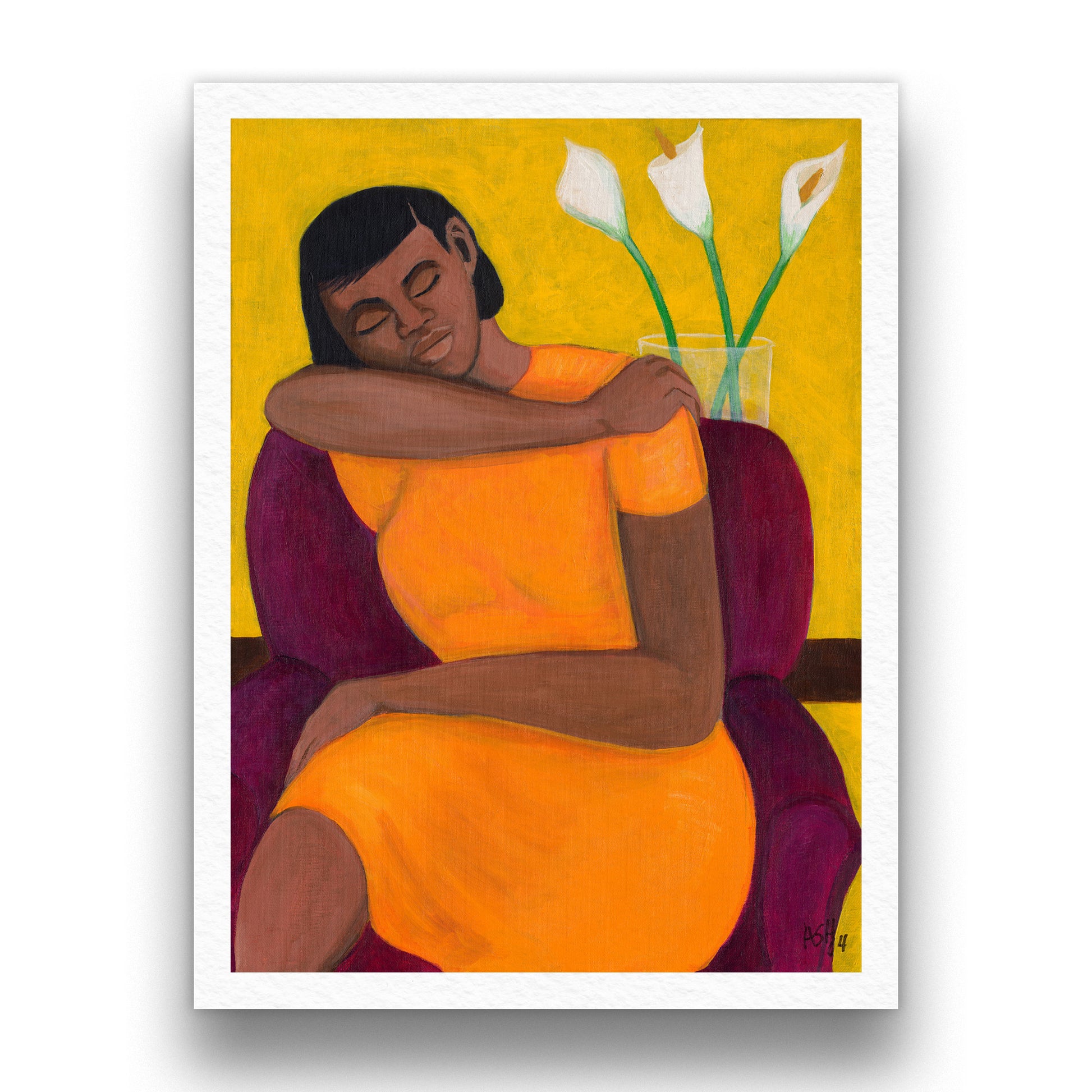 black art print 'A Quiet Moment' by Antionette Simmons Hodges. Depicts an African American woman in tranquil repose on a purple chair, wearing an orange dress, with white calla lilies beside her, symbolizing peace and introspection.