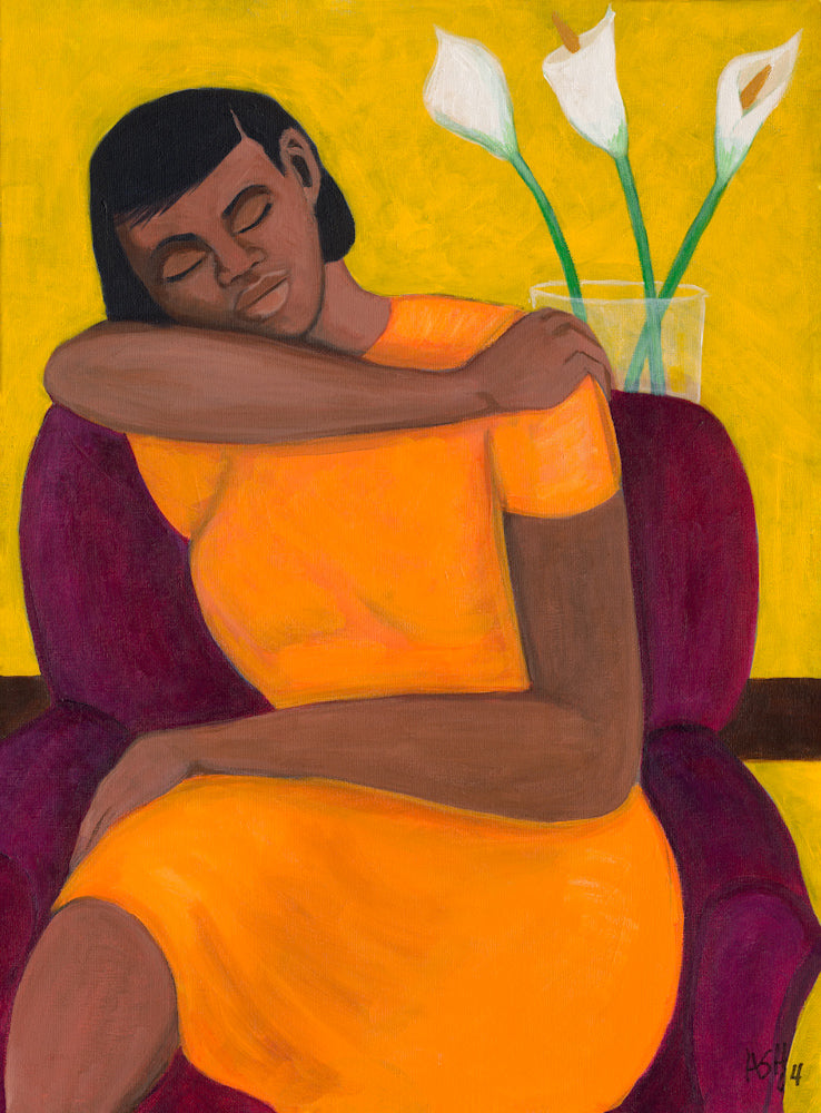  'A Quiet Moment' of a serene woman in orange dress, seated in a purple chair.