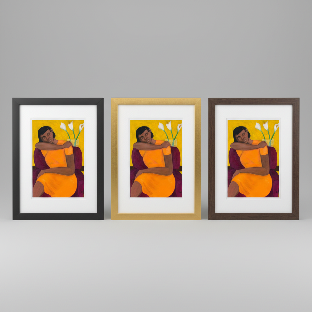 A Quiet Moment framed giclee print group shot showing all frame options — Black woman relaxing art