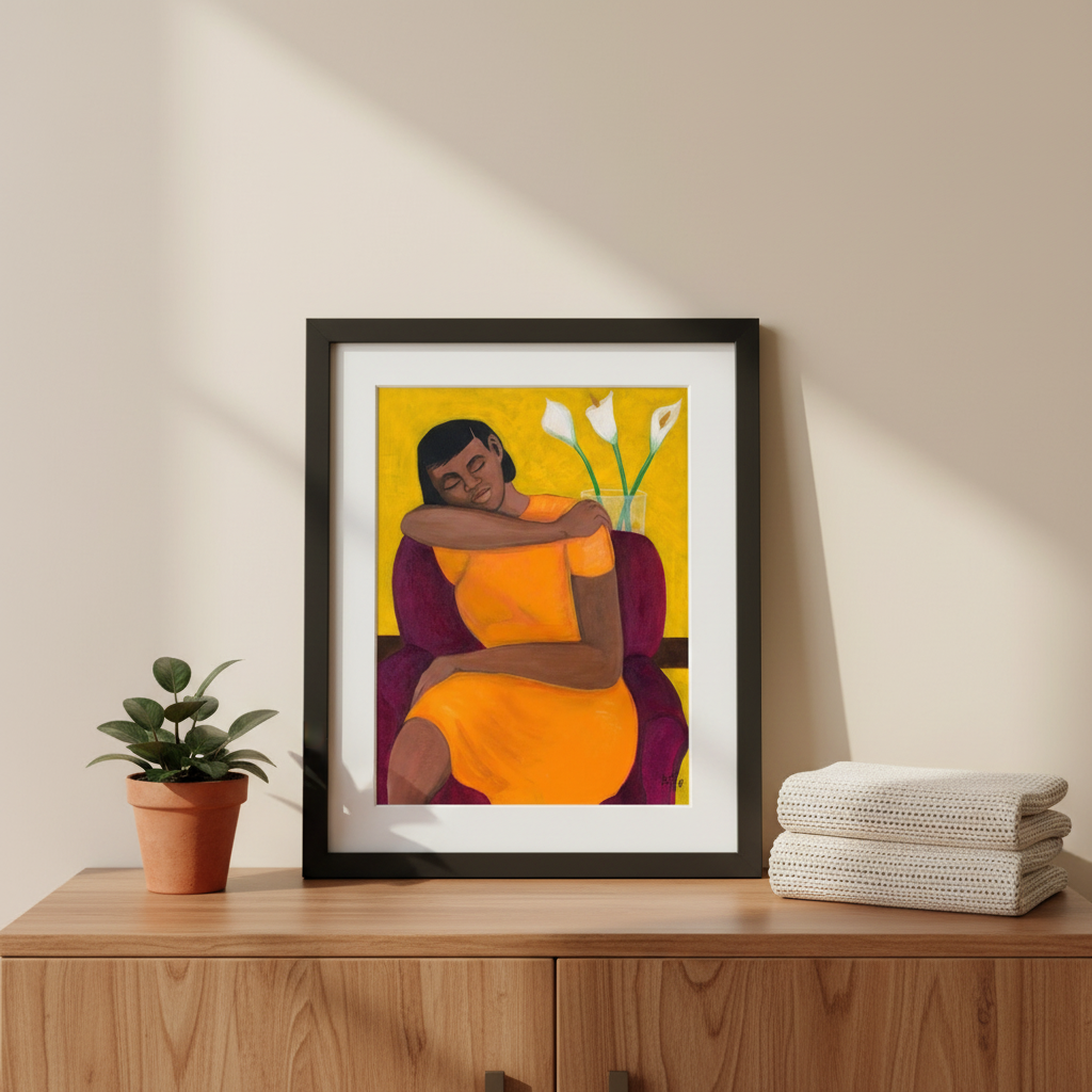 A Quiet Moment framed giclee print in black frame on bedroom nightstand vignette — Black woman art