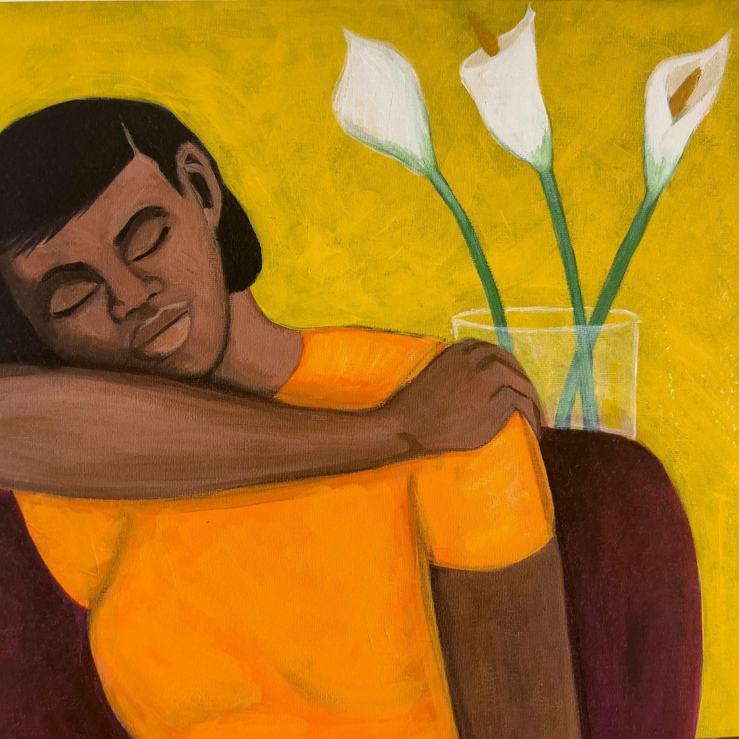 A Quiet Moment framed giclee print — detail of the woman and flowers, Black woman relaxing art