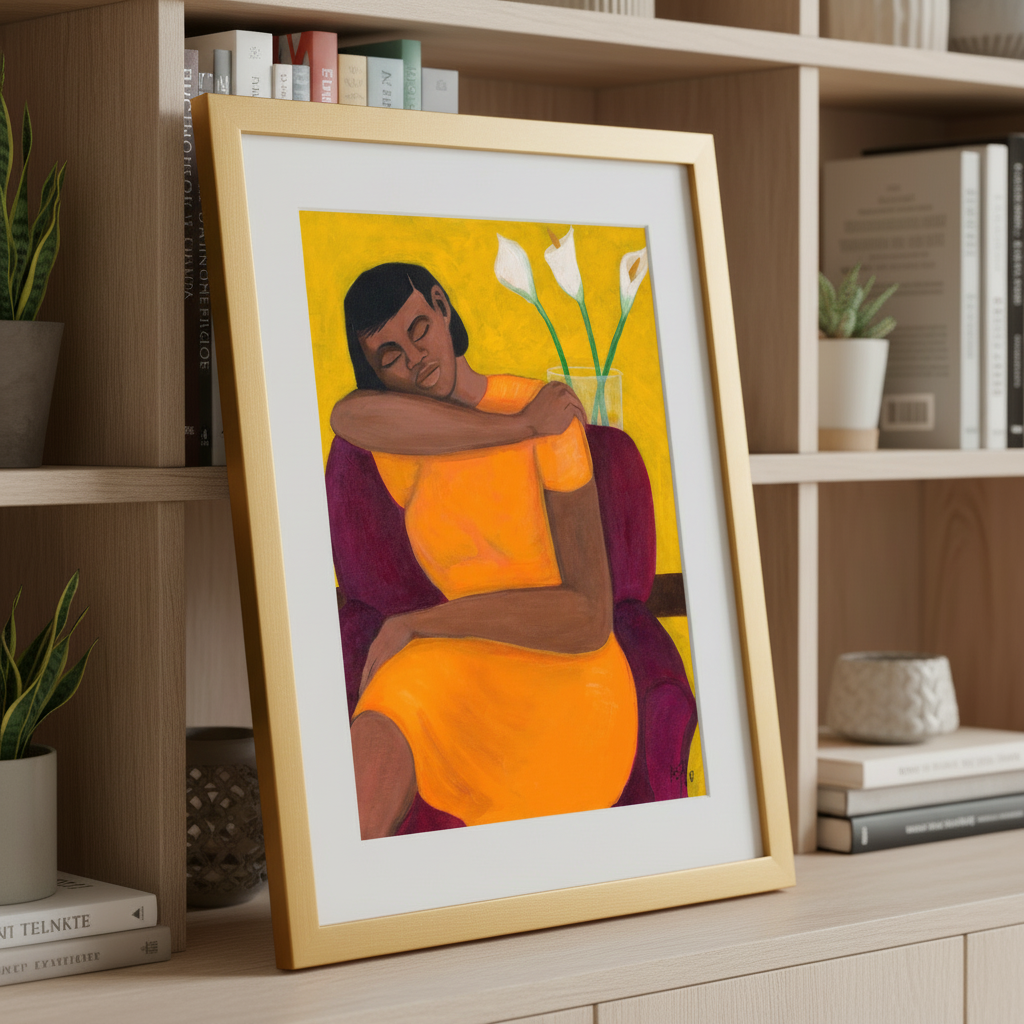 A Quiet Moment framed giclee print in gold frame leaning on bookshelf — Black woman wall decor