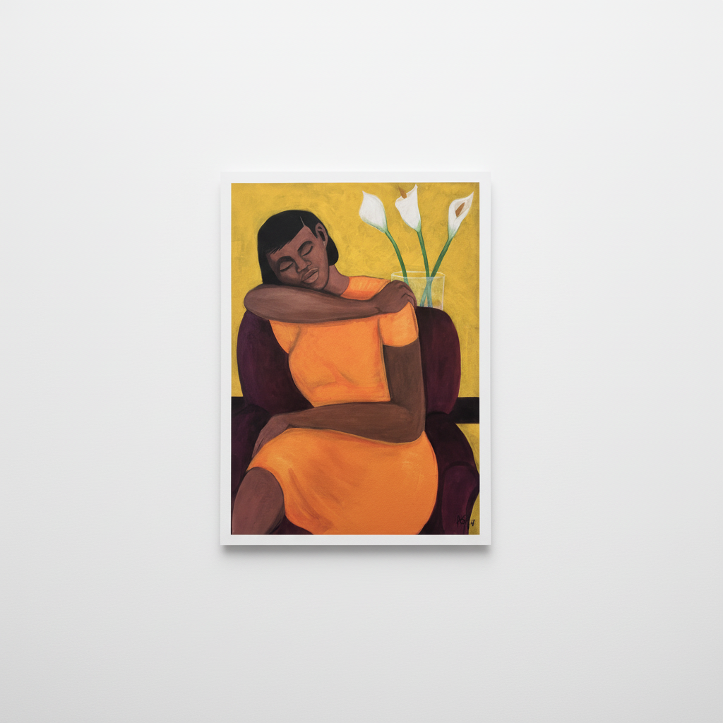 A Quiet Moment giclee print large image on pure white wall — relaxing Black woman art print