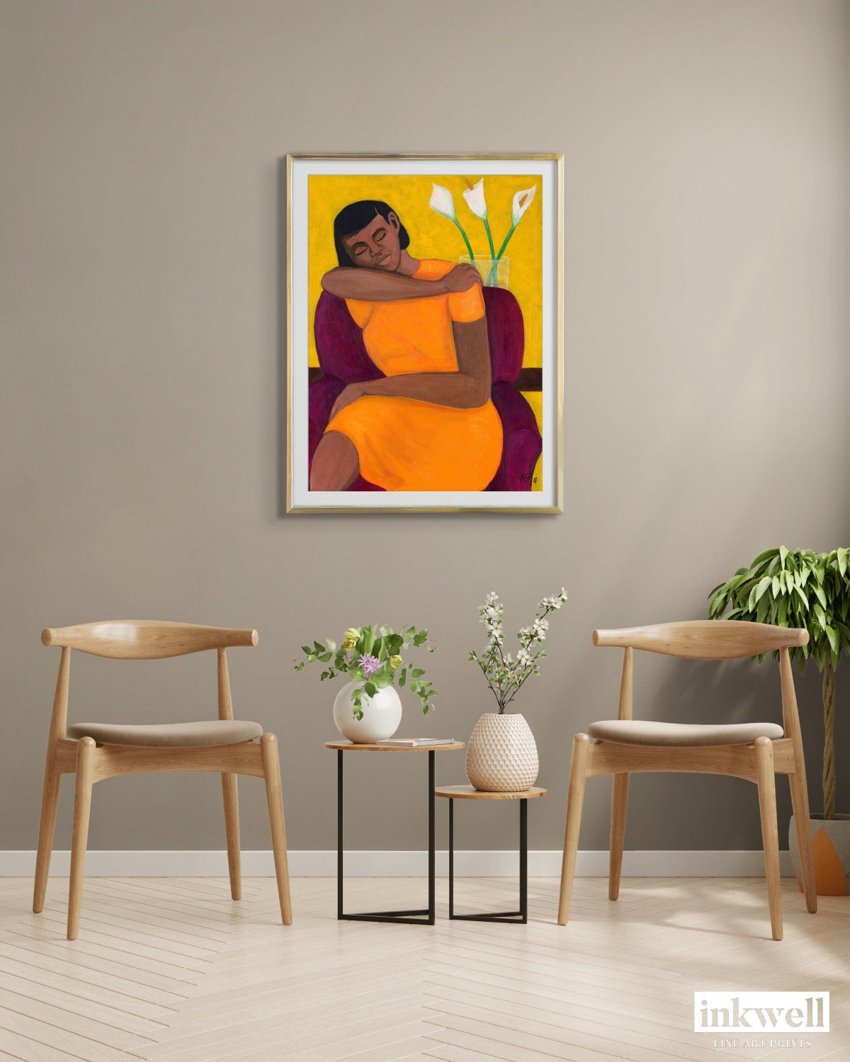 rendering of framed 'A quiet moment' print  on the wall in a sitting area about two chairs