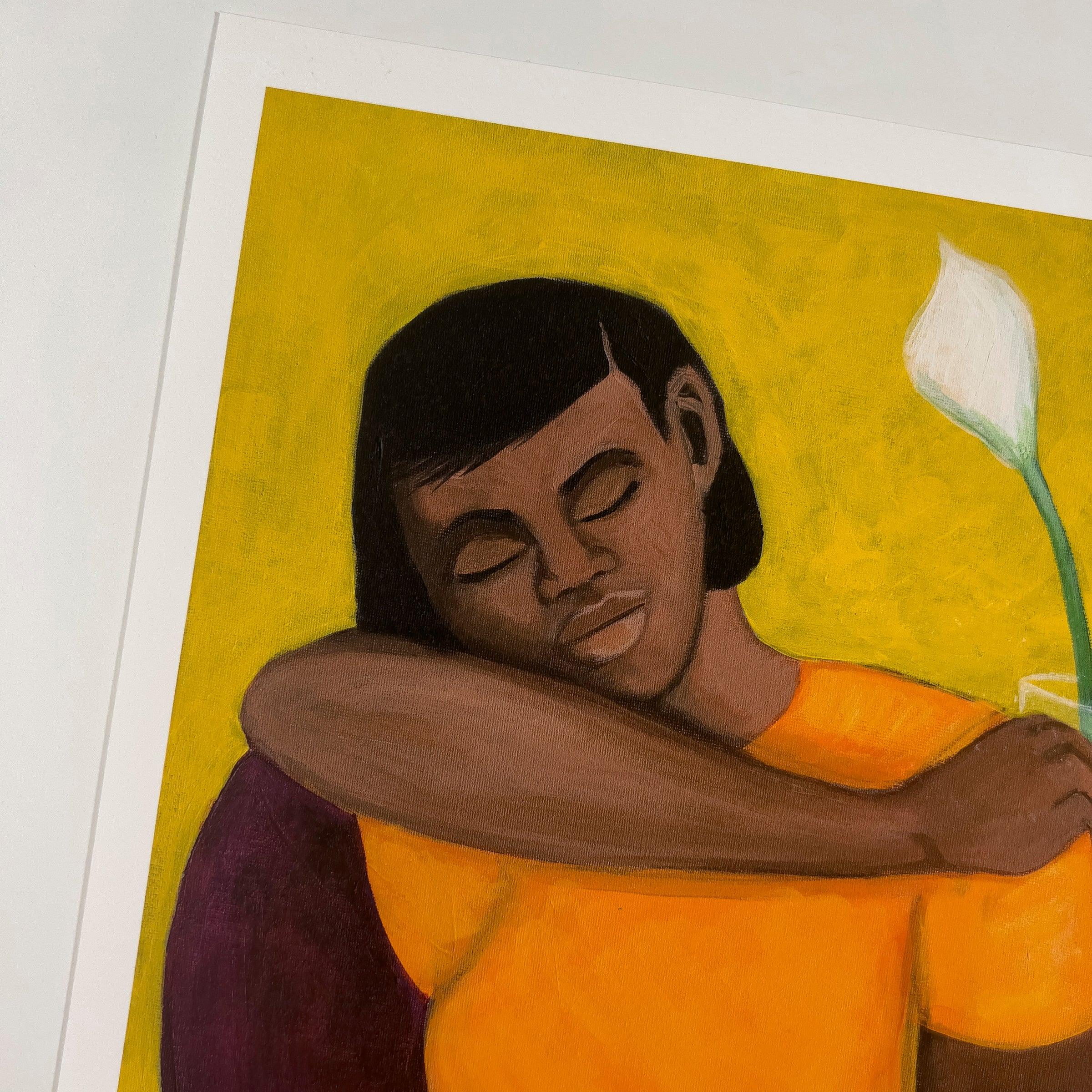 A Quiet Moment giclee print, detail close-up of the print — Black woman relaxing art