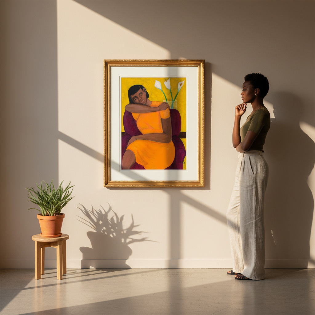A Quiet Moment giclee print, editorial shot with viewer for scale, gold frame — Black woman relaxing art