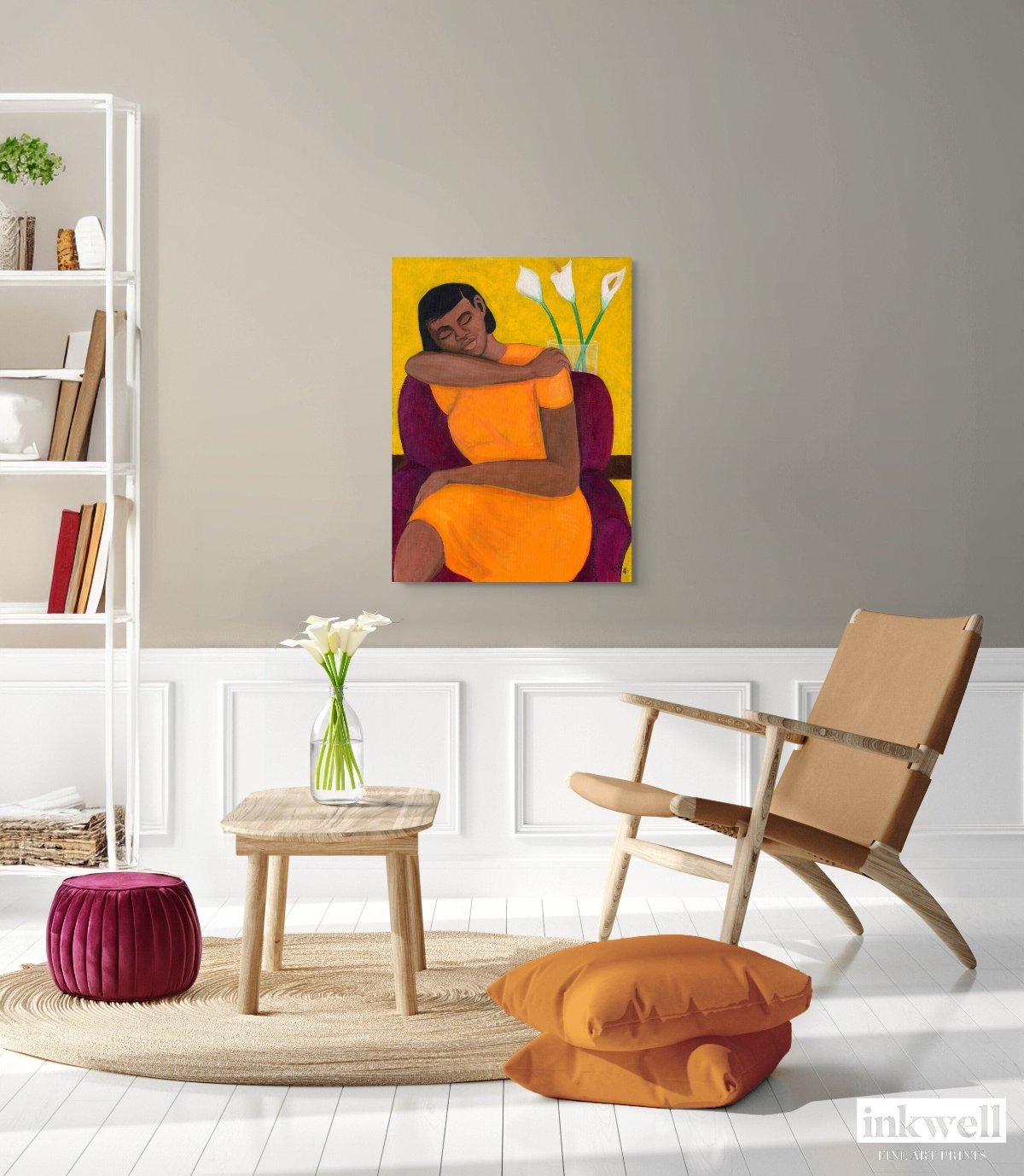 stretched canvas print ' a quiet moment' depics a woman resting in a purple chair wearing an orange dress. painting is in a living room setting with chair and coffee table.