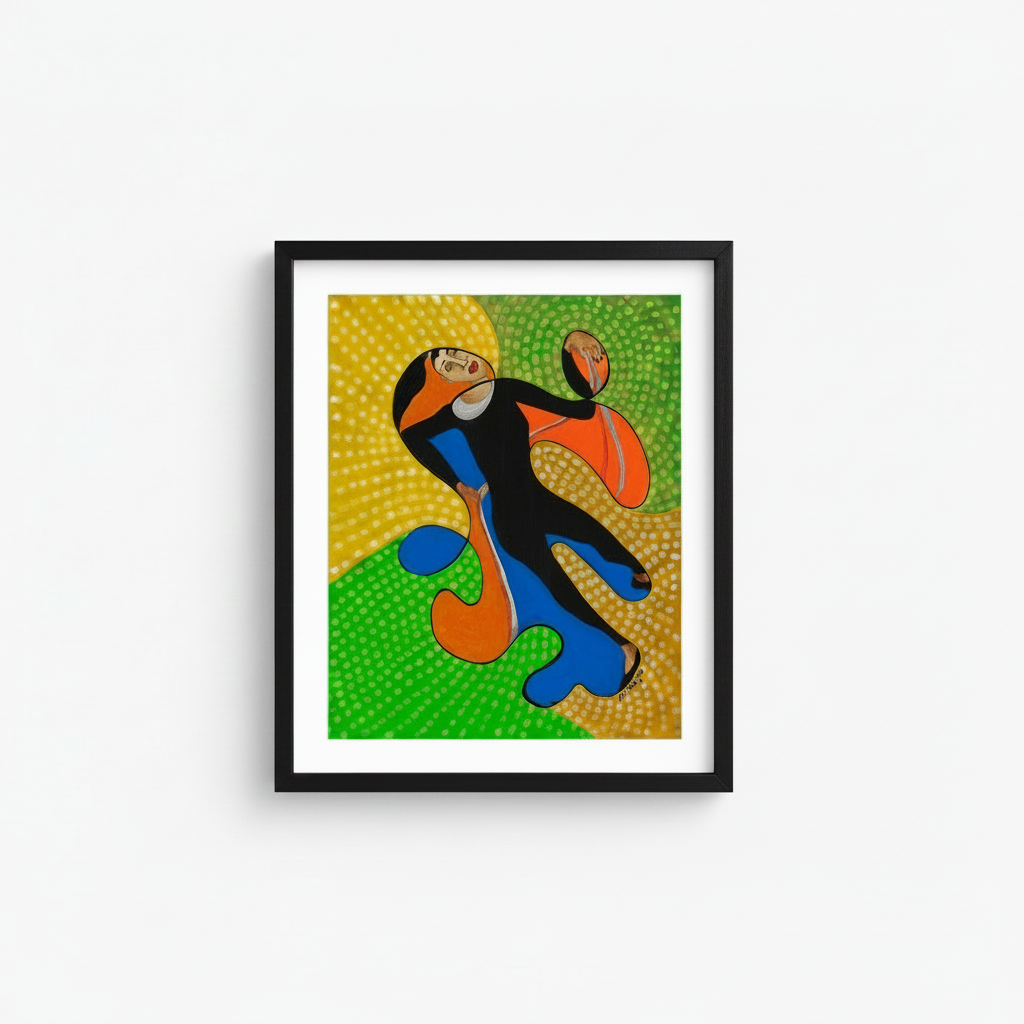 Acrobat continuous line print in black frame — colorful Black youth art