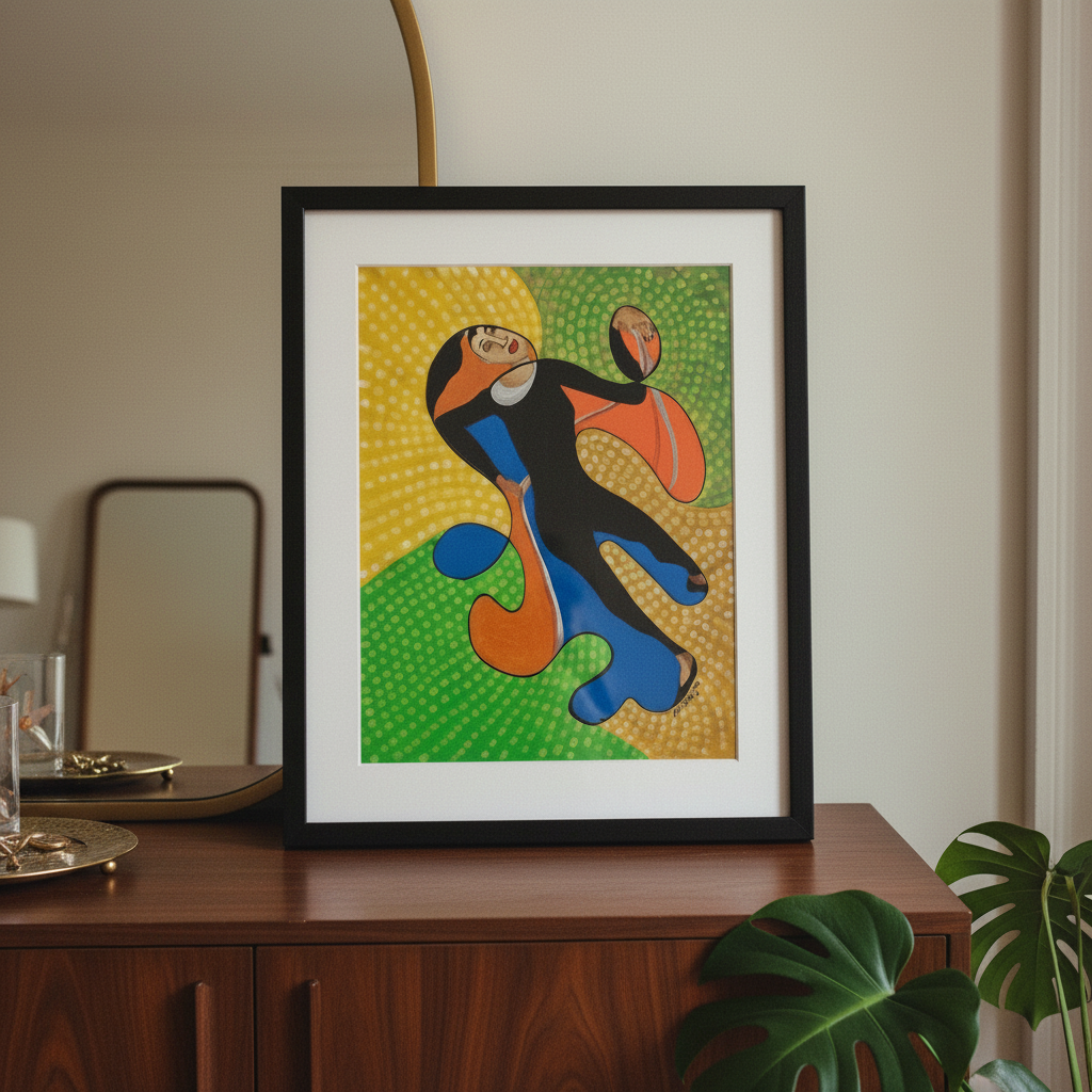 Acrobat continuous line print above a credenza in a brownstone-style room, close-up — colorful Black youth art