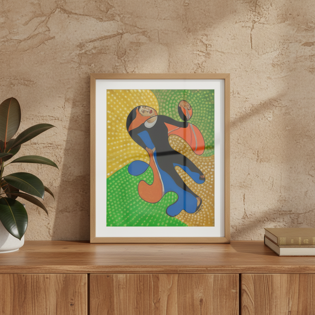 Acrobat continuous line print above a credenza in an earth-tone room, overhead angle — colorful Black youth art