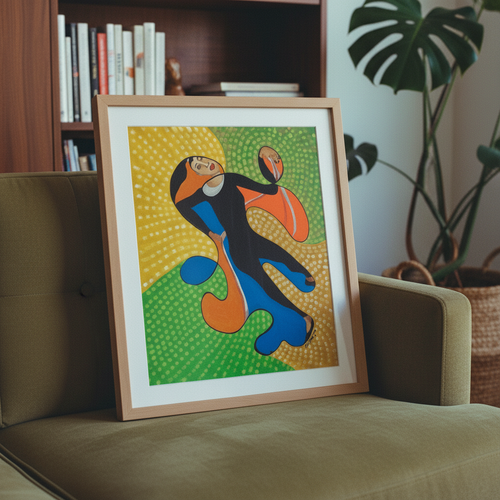 Acrobat continuous line print in oak frame above a mid-century modern sofa, close-up — colorful Black youth art