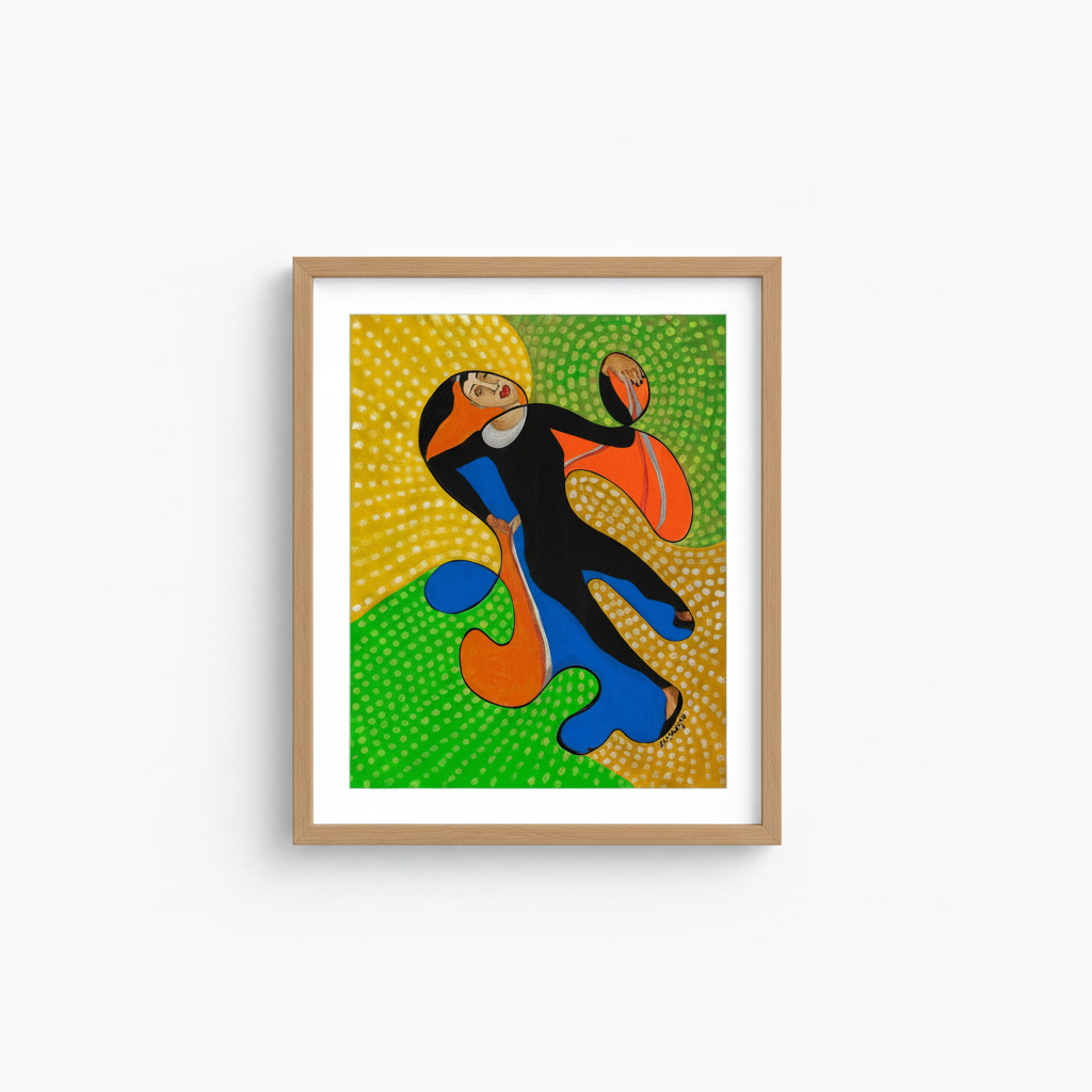Acrobat continuous line print in oak frame, studio shot — colorful Black youth art