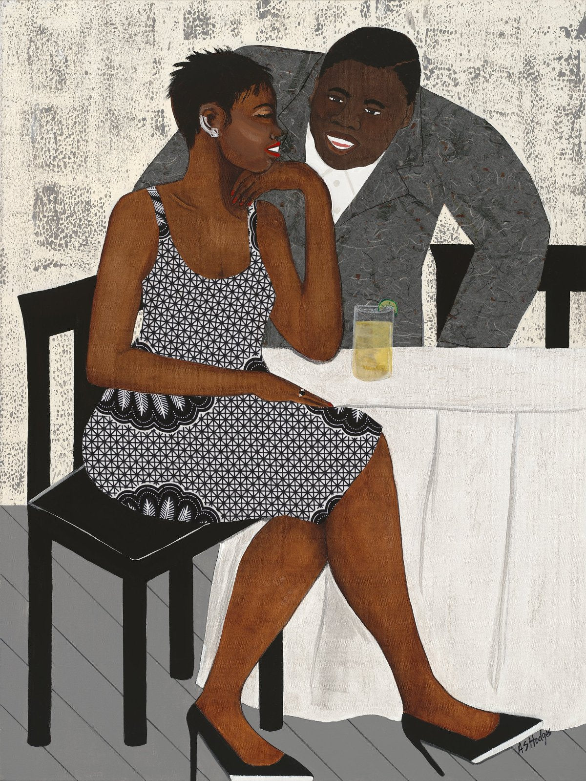 'The Conversation' paper print: African American couple immersed in dialogue, highlighted by the woman's vibrant attire and the man's relaxed posture, printed on premium fine art paper.