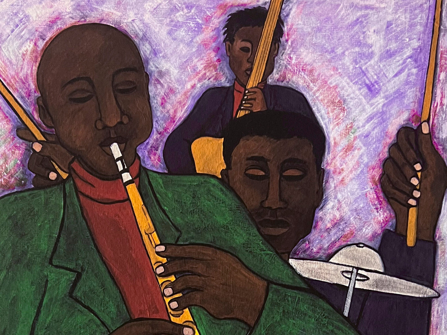 Detail of 'the Three Musicians' paper print: Three figures in a jazz ensemble, dressed in colorful attire, capturing the rhythm and energy of a musical performance.