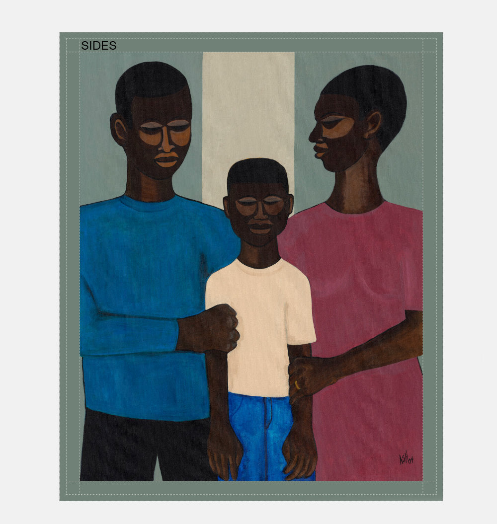 'The Family' canvas print: Black family in a solemn, stylized portrayal, with embracing figures and a muted background, emphasizing enduring family ties.