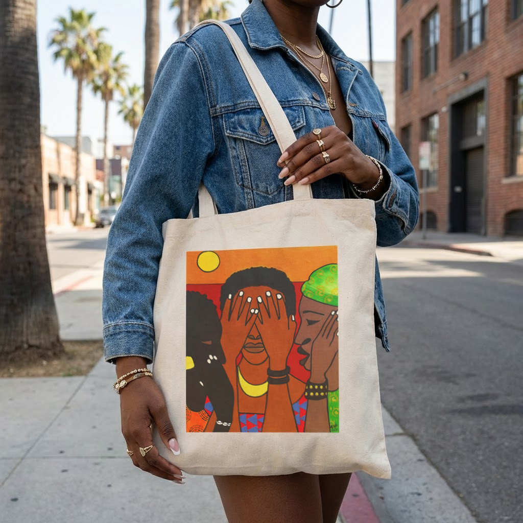 See Hear Speak No Evil tote bag back view showing African women unity art on cotton canvas