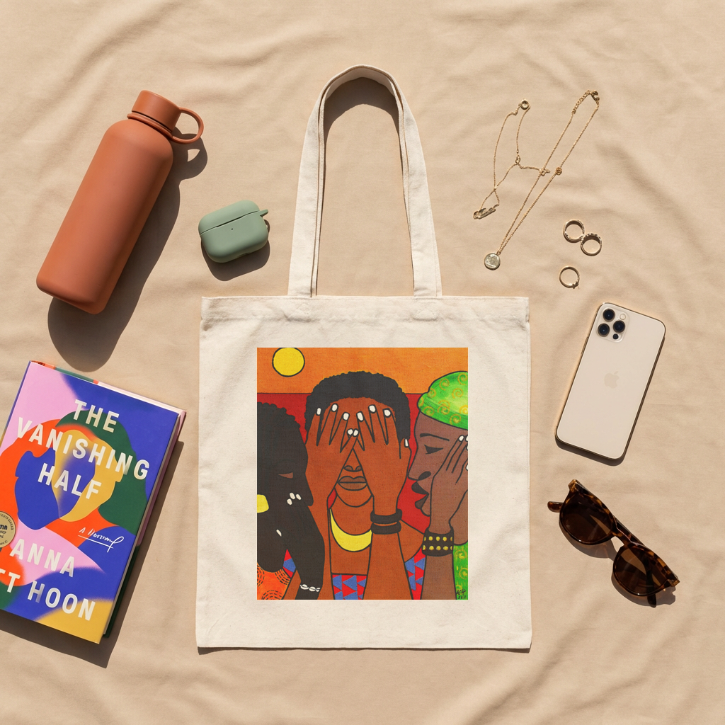 Close-up of African Women Wisdom tote bag — three women See Hear Speak No Evil design detail