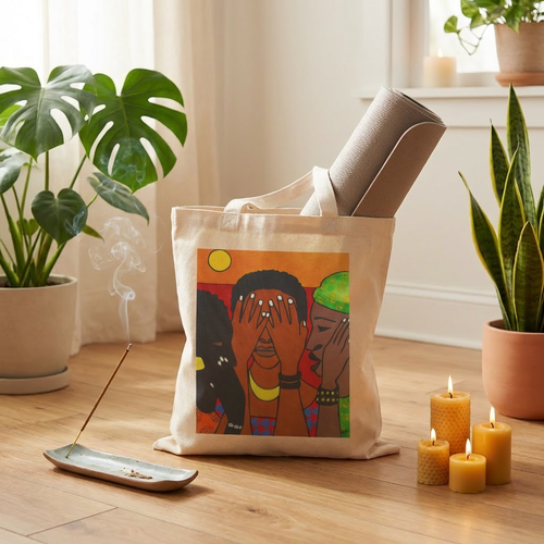 African Women Wisdom Art Tote Bag front view — See Hear Speak No Evil design on cotton canvas