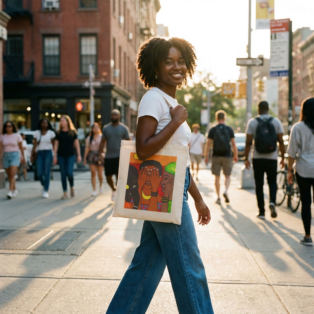 Model carrying African Women Wisdom Art Tote Bag — unity and empowerment cotton canvas gift