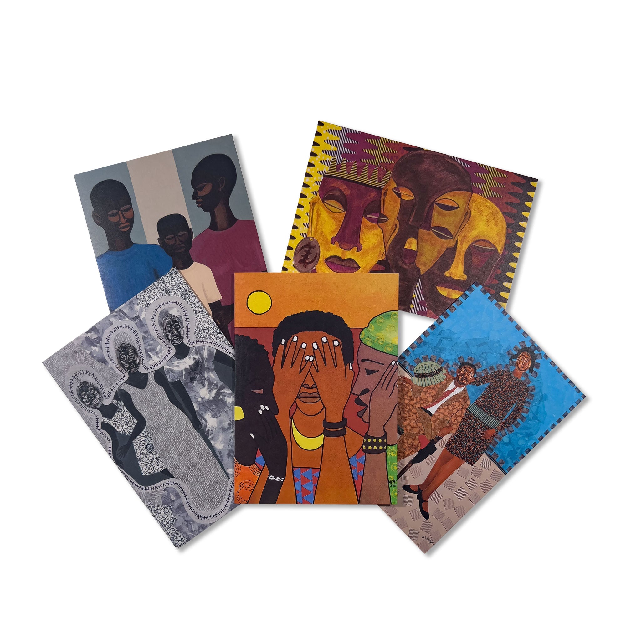 Set of five notecards with afrocentric art featuring human figures on a white background