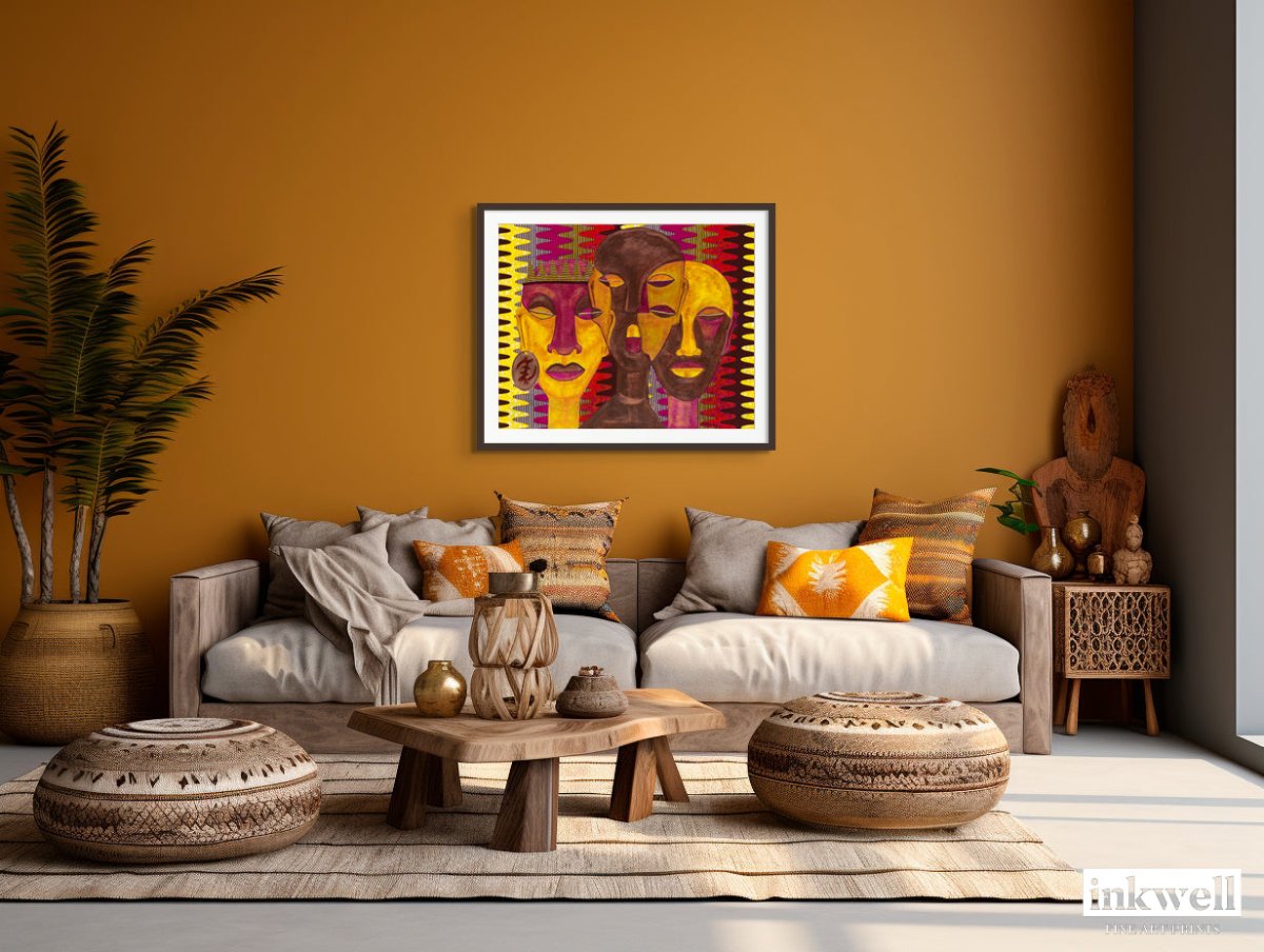 framed 'all hail the queen' print in espresso wood in a cozy living room setting.  African American art for home