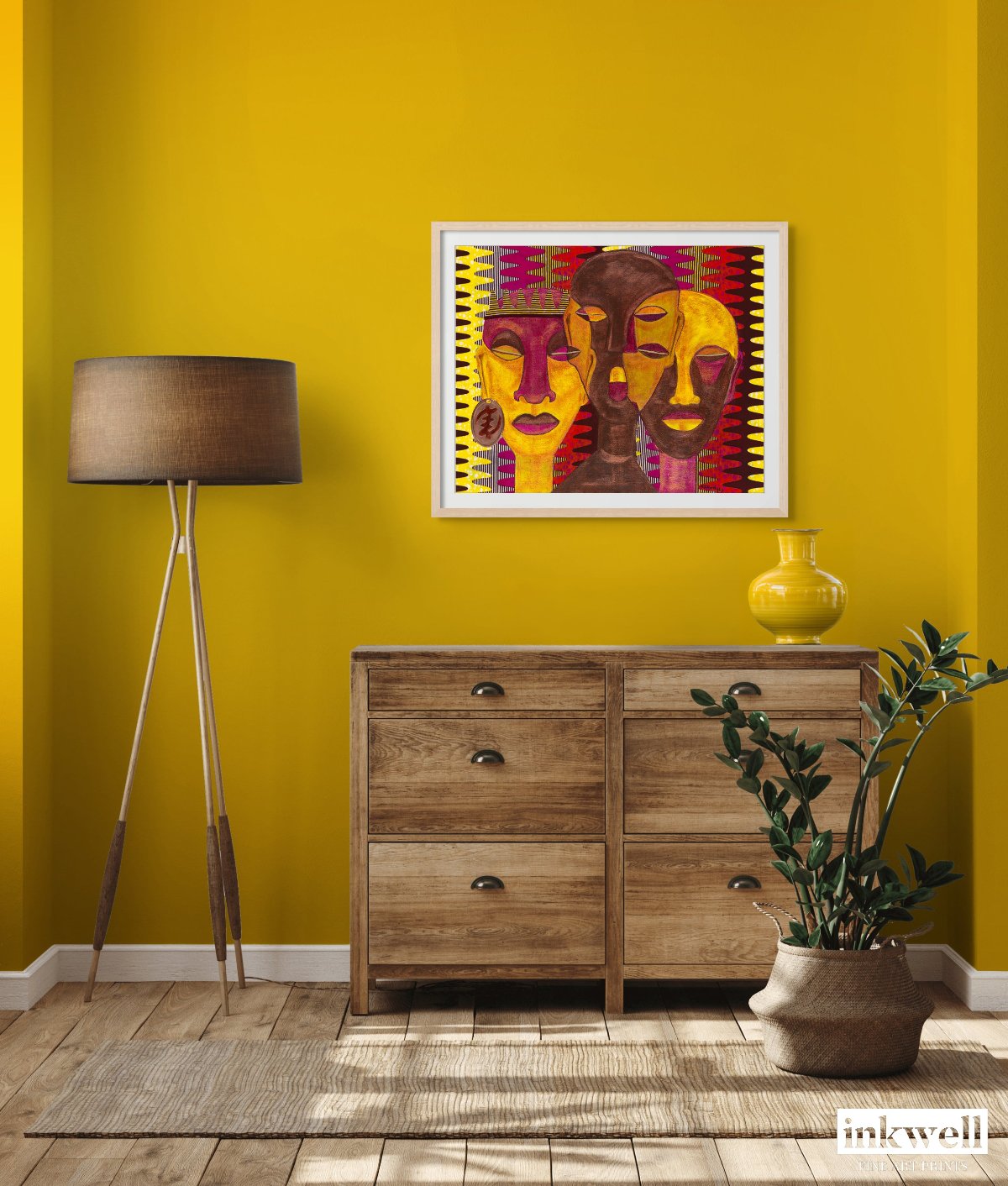 All Hail The Queen' fine art print, highlighting vibrant African American themes and geometric patterns, in a cozy, inviting living space