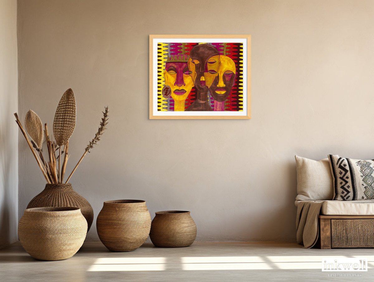 All Hail The Queen' fine art print displaying lively African American themes, bold colors, and geometric patterns in a bohemian living room.