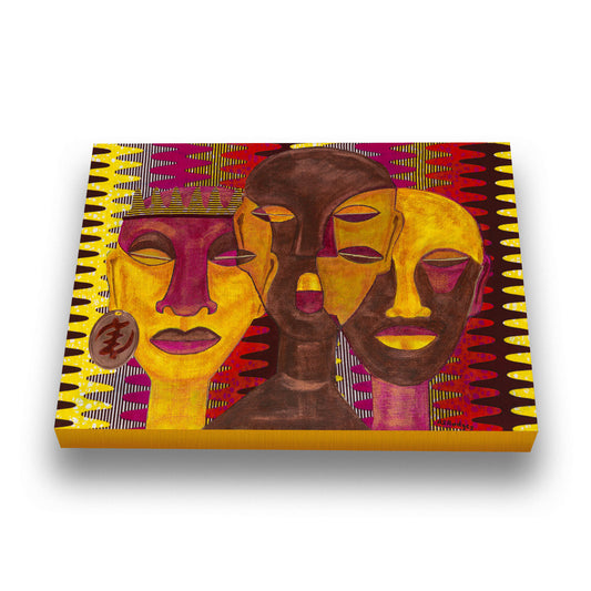 Stretched canvas print titled 'All Hail the Queen' by Antionette Simmons Hodges. This vibrant mixed-media artwork features three stylized faces with geometric features, including almond-shaped eyes and full lips, set against a dynamic patterned background. The central figure, adorned with a crown-like structure and a copper earring, is highlighted in bright yellow, symbolizing regality. The background incorporates elements reminiscent of African textiles in black, yellow, red, and purple, adding rhythm and 