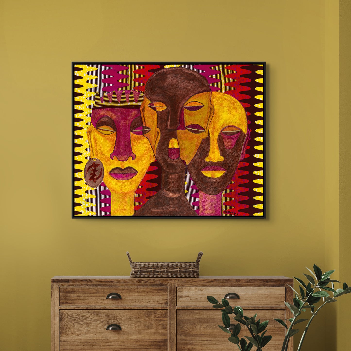 All Hail The Queen framed canvas print by Antionette Simmons Hodges. Features vibrant African American art with three stylized faces and geometric patterns, celebrating Black culture. Perfect for adding a regal touch to any space.