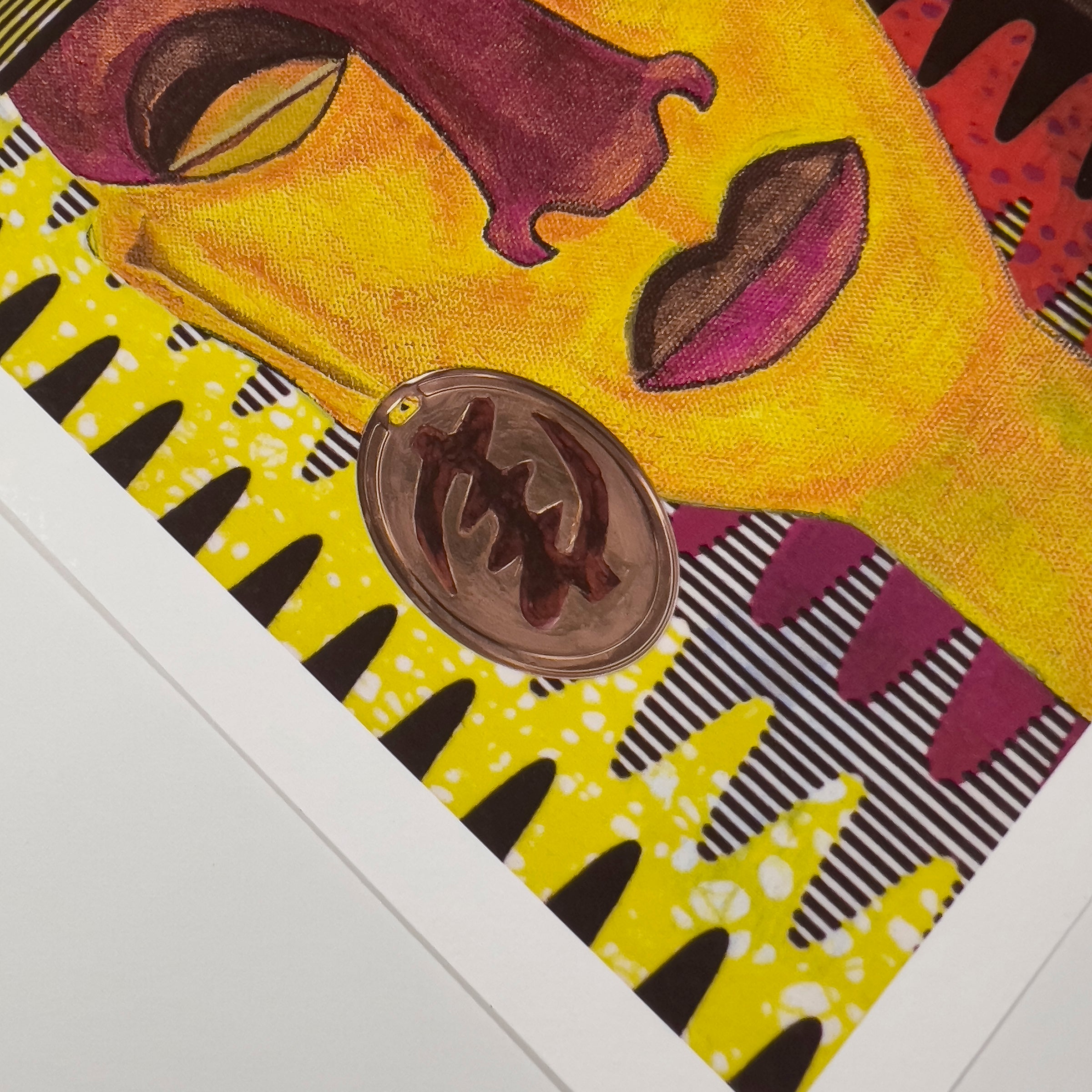 All Hail the Queen framed giclee print, detail of the earring — Afrocentric mixed media art
