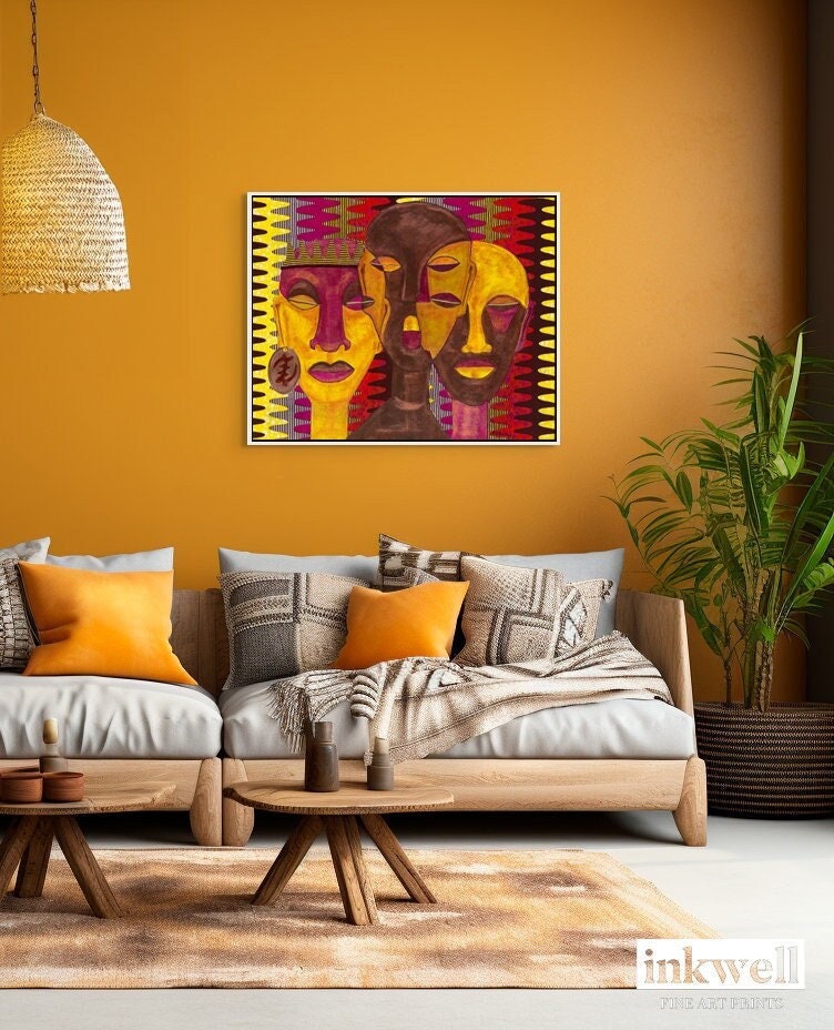 All Hail The Queen Framed Stretched Canvas Print in white float frame, set in bohemian styled living room