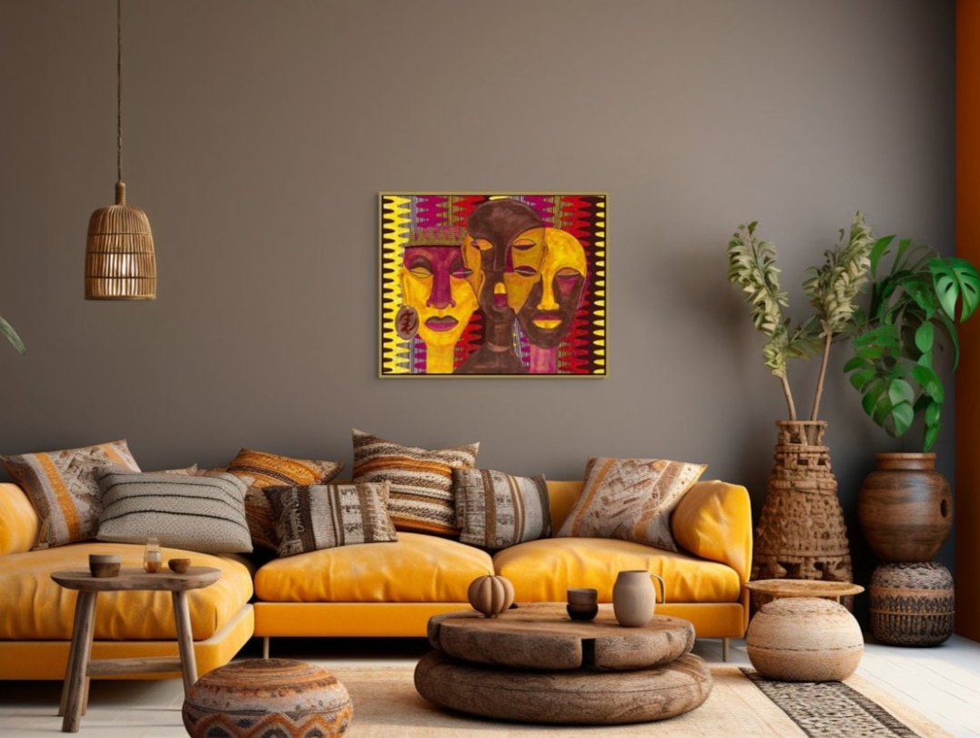 'All Hail The Queen' Framed Stretched Canvas Print in gold frame in a bohemian styled living room