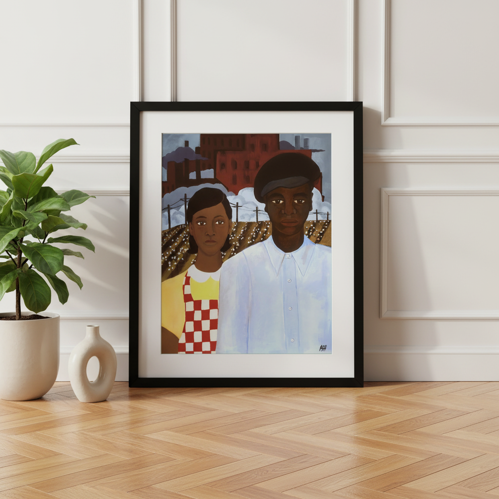 American Gothic Revisited framed giclee print in black frame, close-up view — Black couple heritage art