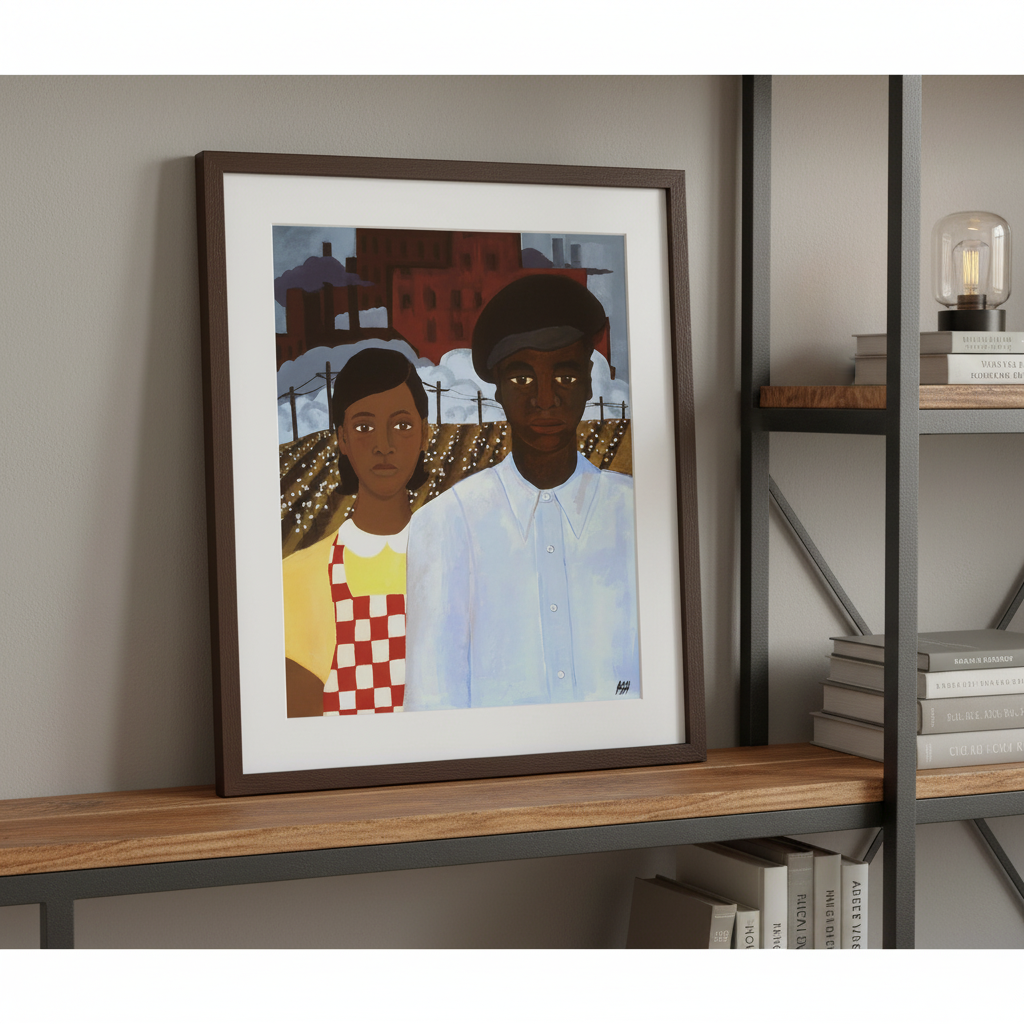American Gothic Revisited framed giclee print in espresso frame, close-up view — Black couple heritage art
