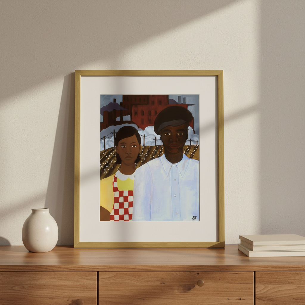 American Gothic Revisited framed giclee print in gold frame — Black couple heritage art